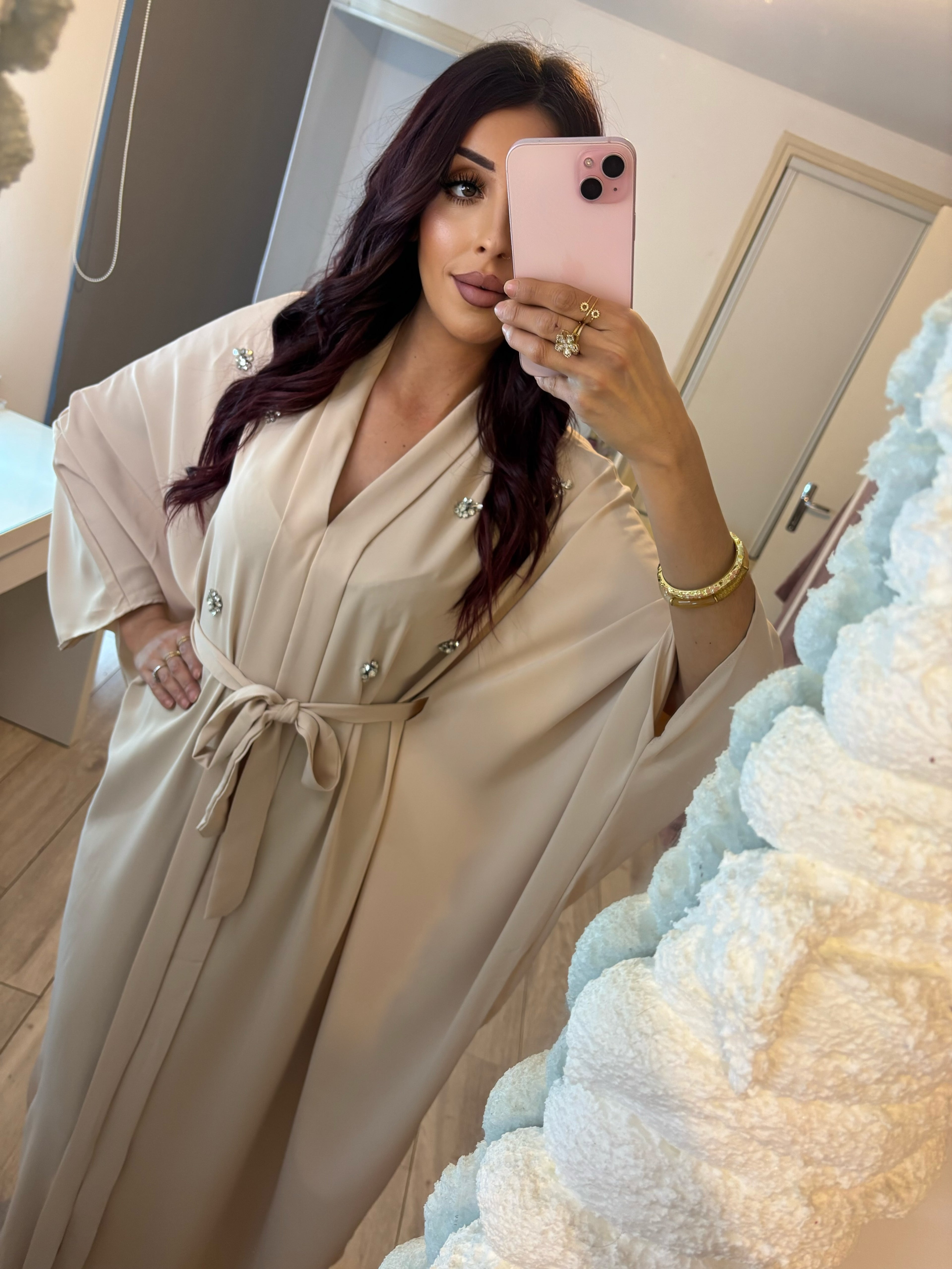 Abaya beige à motifs - taille ajustable